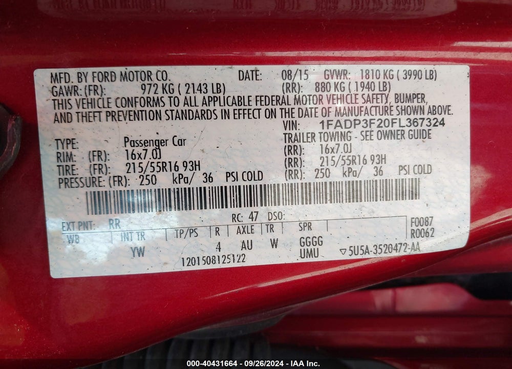 2015 FORD FOCUS SE VIN: 1FADP3F20FL367324