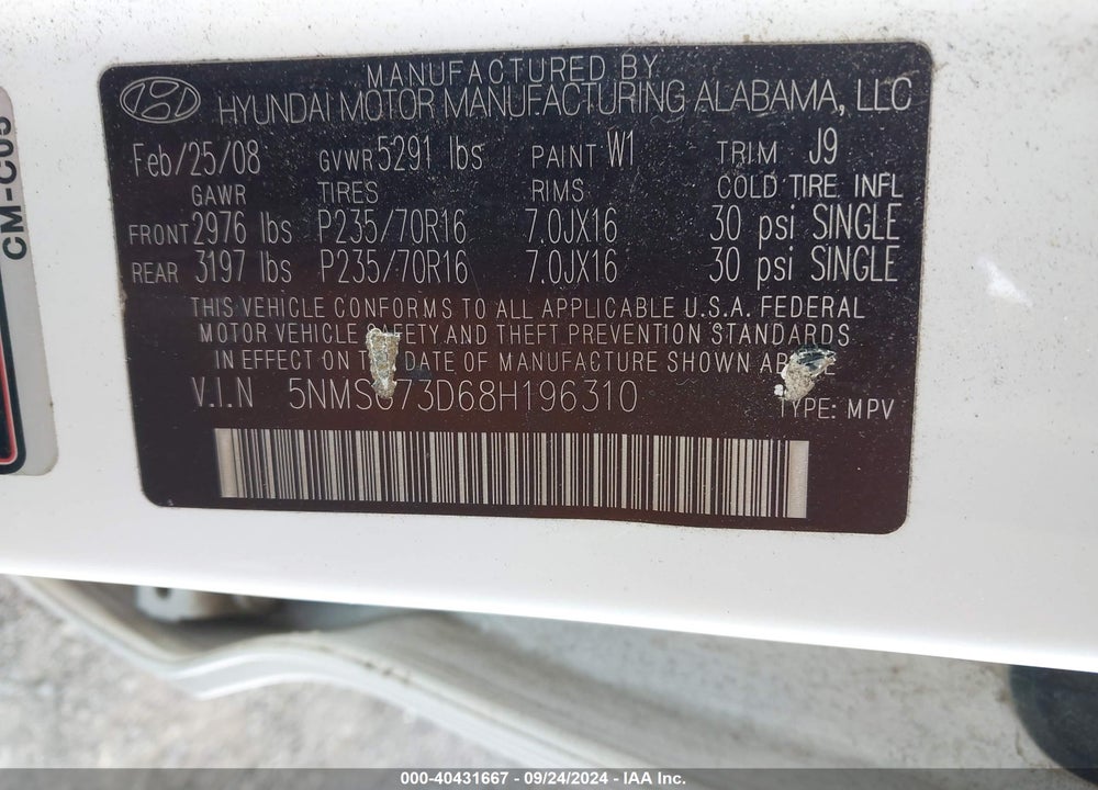 2008 HYUNDAI SANTA FE GLS VIN: 5NMSG73D68H196310