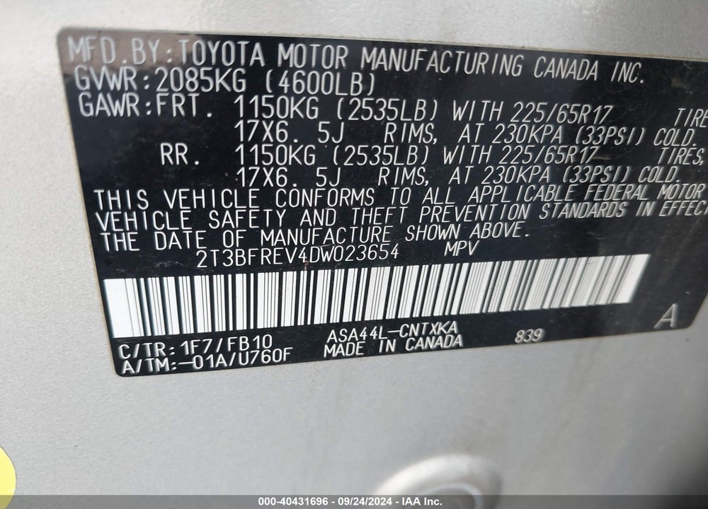 2013 TOYOTA RAV4 LE VIN: 2T3BFREV4DW023654