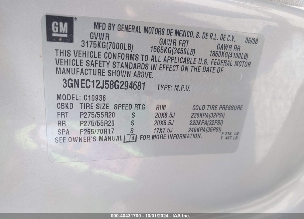 2008 CHEVROLET AVALANCHE 1500 LT VIN: 3GNEC12J58G294681