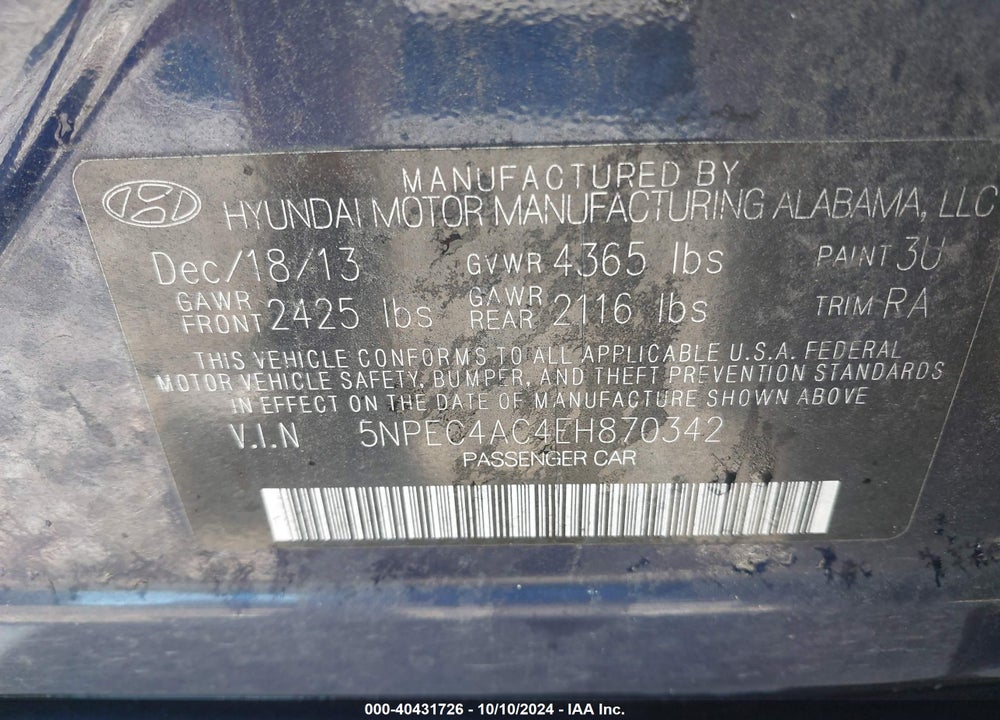 2014 HYUNDAI SONATA SE VIN: 5NPEC4AC4EH870342
