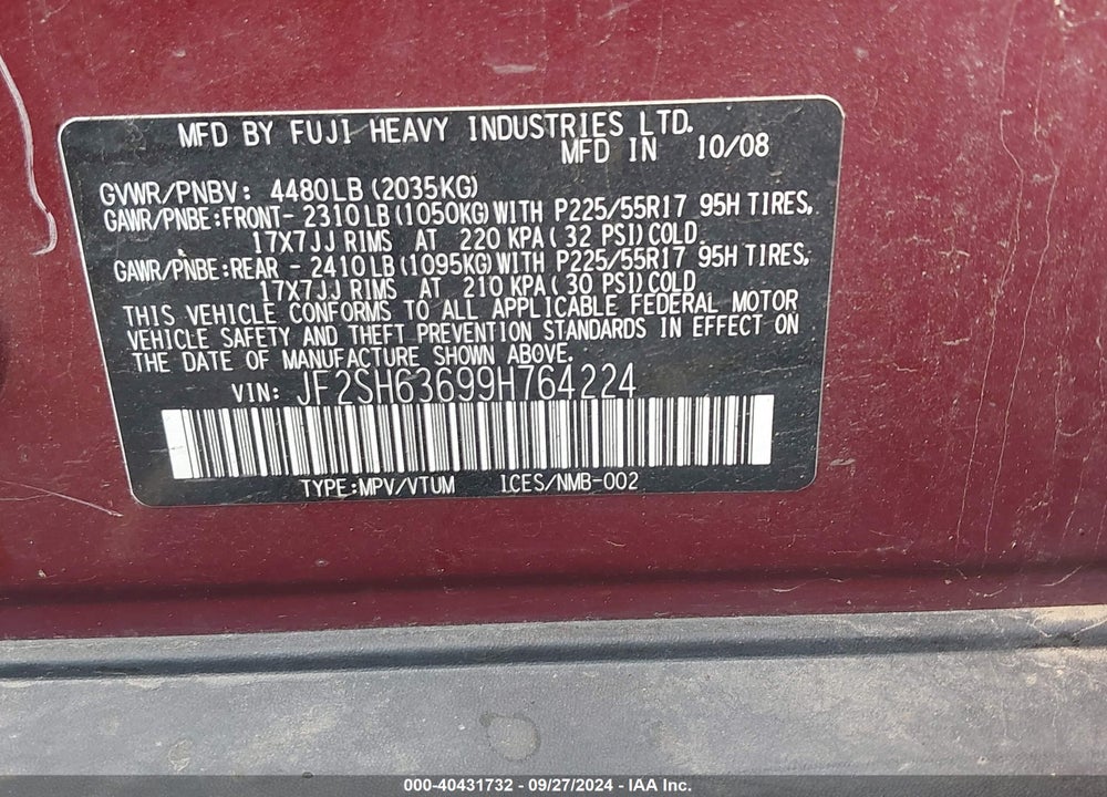 2009 SUBARU FORESTER 2.5X VIN: JF2SH63699H764224