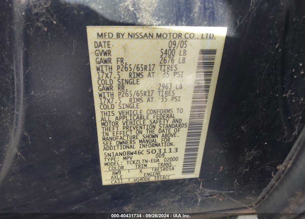 2006 NISSAN XTERRA SE VIN: 5N1AN08W46C503113