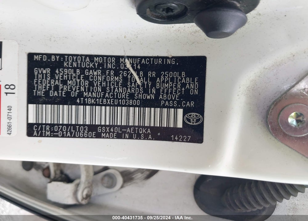 2014 TOYOTA AVALON XLE TOURING VIN: 4T1BK1EBXEU103800