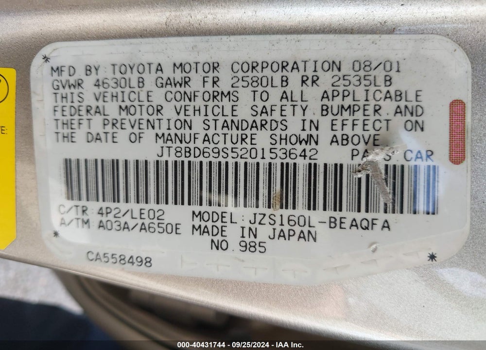 2002 LEXUS GS 300 VIN: JT8BD69S520153642