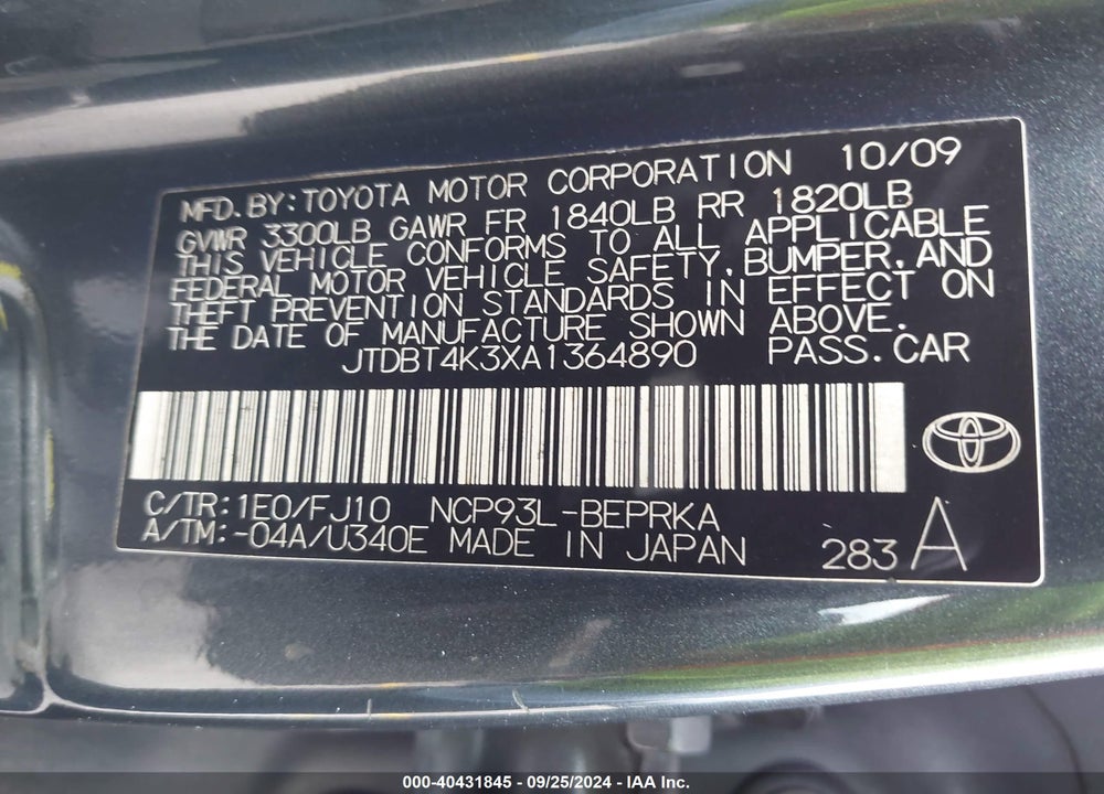 2010 TOYOTA YARIS VIN: JTDBT4K3XA1364890
