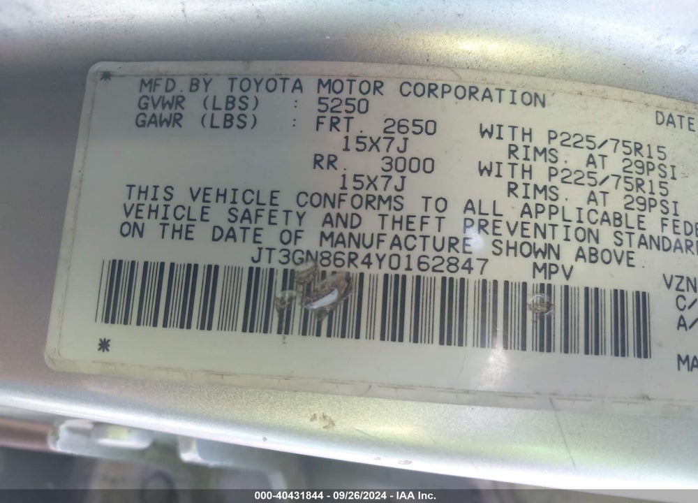 2000 TOYOTA 4RUNNER SR5 V6 VIN: JT3GN86R4Y0162847