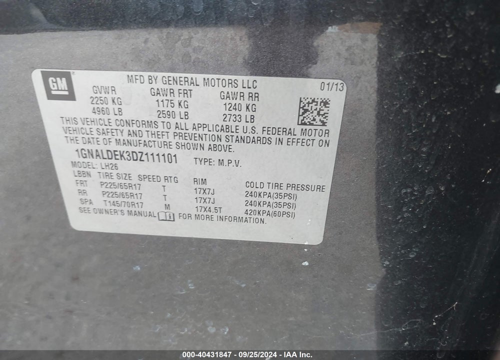 2013 CHEVROLET EQUINOX 1LT VIN: 1GNALDEK3DZ111101