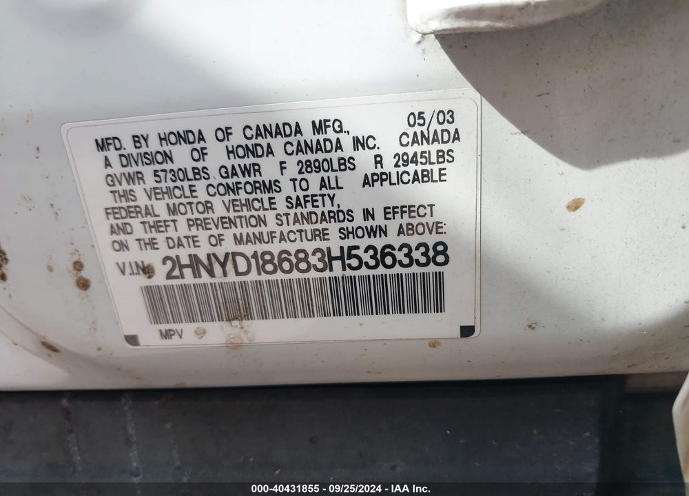 2003 ACURA MDX VIN: 2HNYD18683H536338