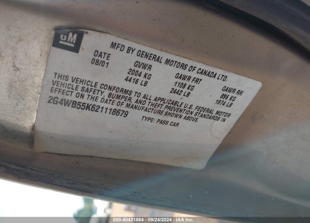 2002 BUICK REGAL LS VIN: 2G4WB55K621118679