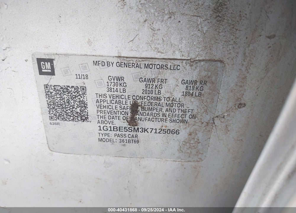 2019 CHEVROLET CRUZE LT VIN: 1G1BE5SM3K7125066