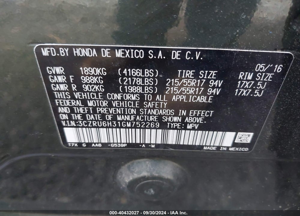 2016 HONDA HR-V LX VIN: 3CZRU6H31GM752269