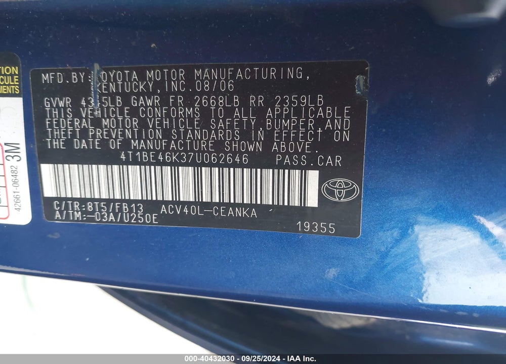 2007 TOYOTA CAMRY LE VIN: 4T1BE46K37U062646