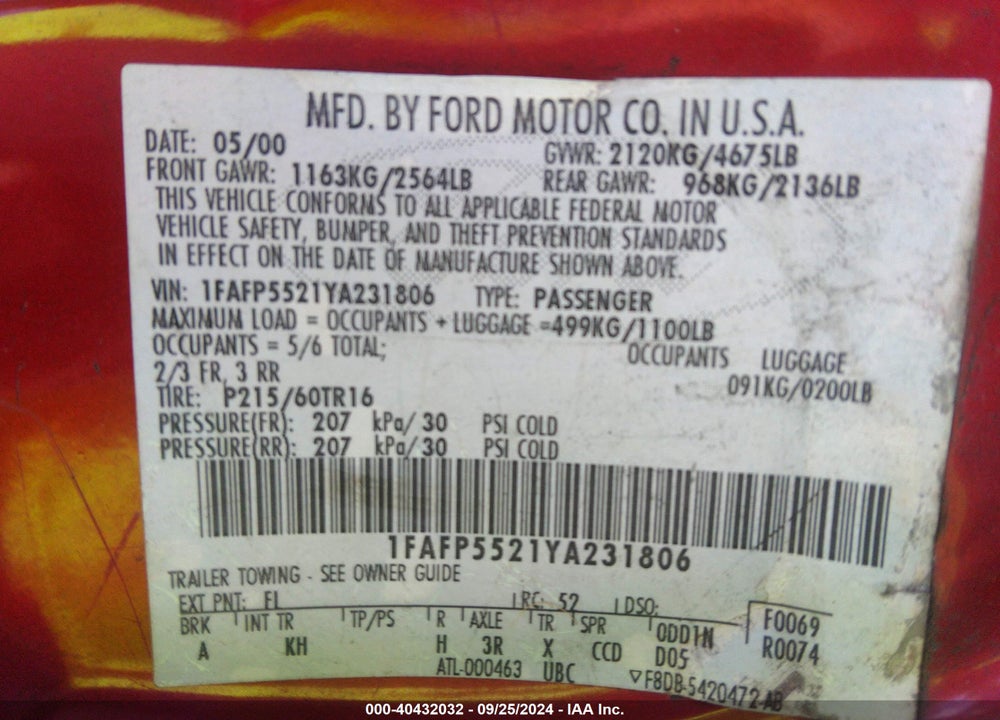 2000 FORD TAURUS SES VIN: 1FAFP5521YA231806