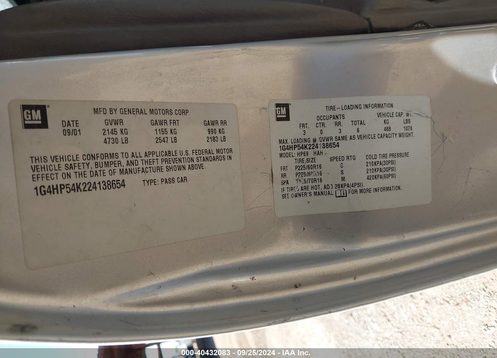 2002 BUICK LESABRE CUSTOM VIN: 1G4HP54K224138654