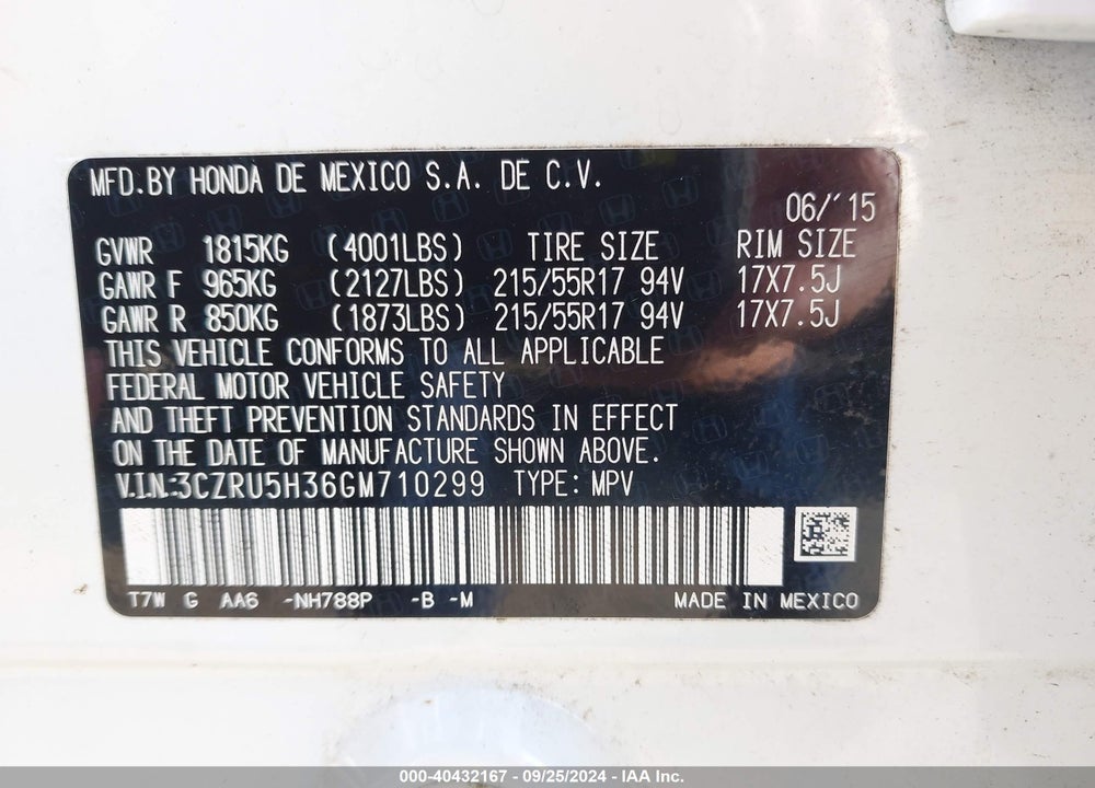 2016 HONDA HR-V LX VIN: 3CZRU5H36GM710299