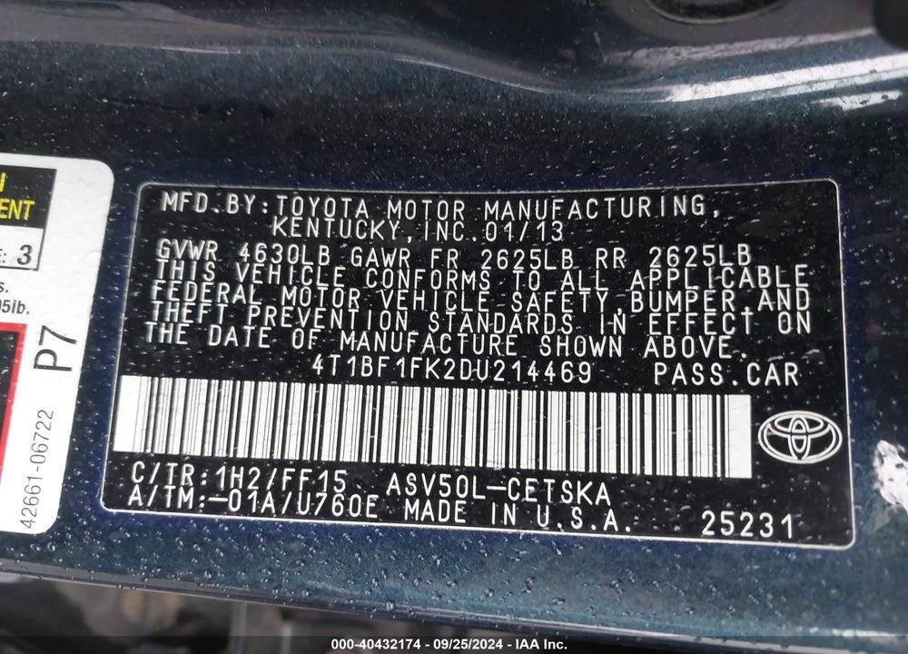 2013 TOYOTA CAMRY SE VIN: 4T1BF1FK2DU214469