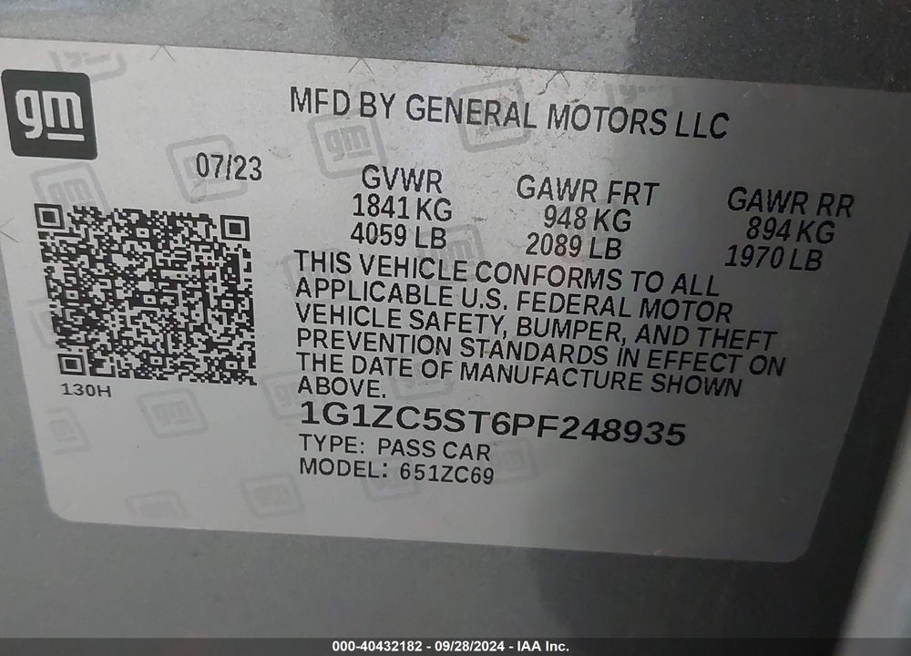 2023 CHEVROLET MALIBU FWD 1FL VIN: 1G1ZC5ST6PF248935
