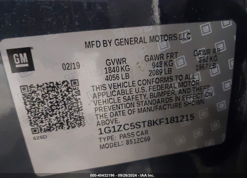 2019 CHEVROLET MALIBU 1FL VIN: 1G1ZC5ST8KF181215