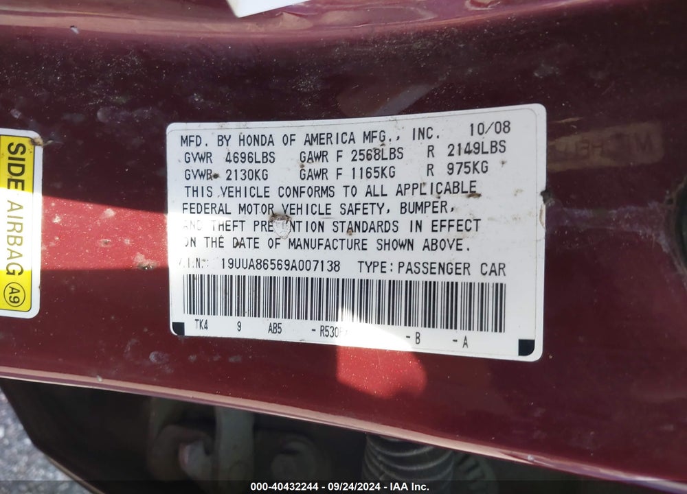2009 ACURA TL 3.5 VIN: 19UUA86569A007138