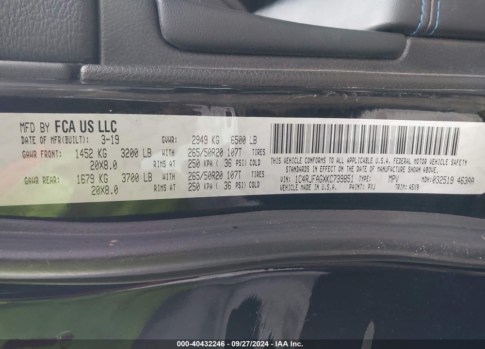 2019 JEEP GRAND CHEROKEE UPLAND 4X4 VIN: 1C4RJFAGXKC739851