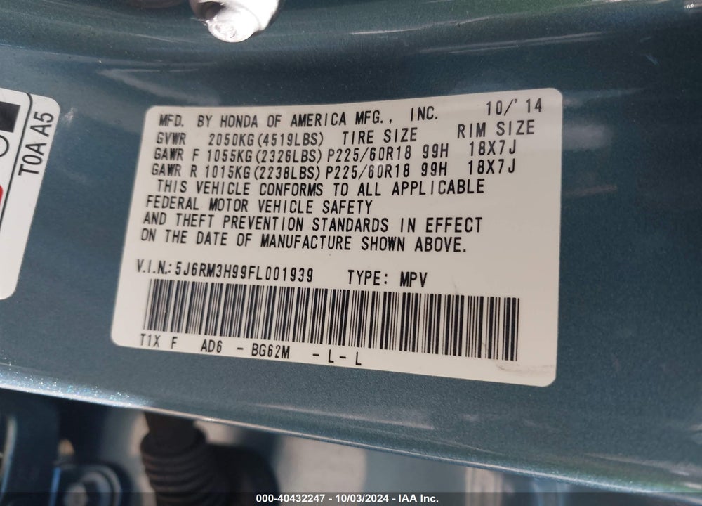 2015 HONDA CR-V TOURING VIN: 5J6RM3H99FL001939