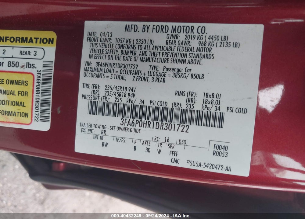 2013 FORD FUSION SE VIN: 3FA6P0HR1DR301722