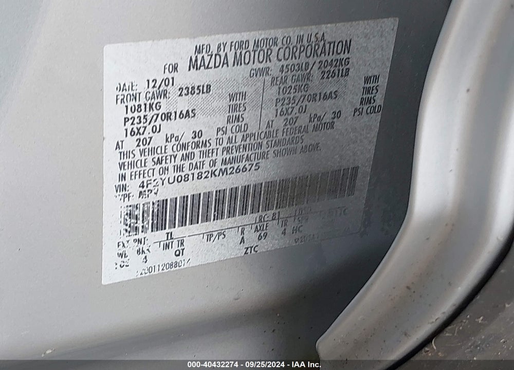2002 MAZDA TRIBUTE ES V6/LX V6 VIN: 4F2YU08182KM26675