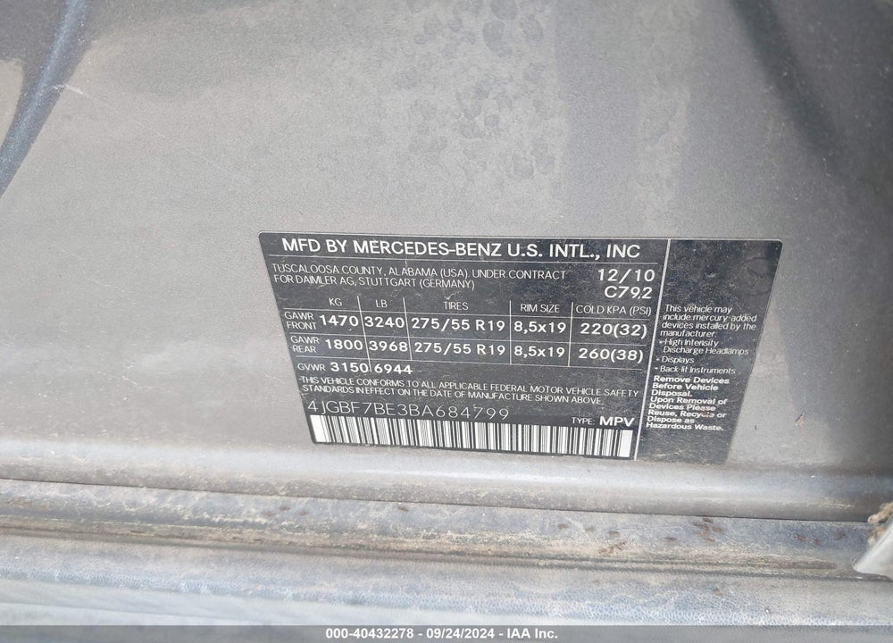 2011 MERCEDES-BENZ GL 450 4MATIC VIN: 4JGBF7BE3BA684799