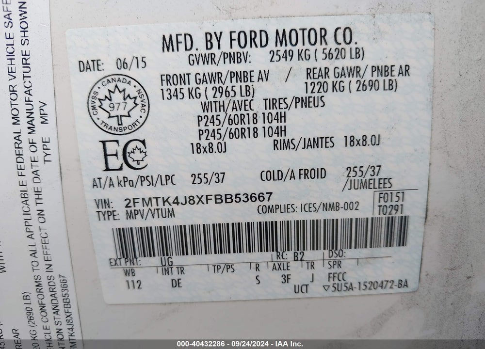 2015 FORD EDGE SEL VIN: 2FMTK4J8XFBB53667