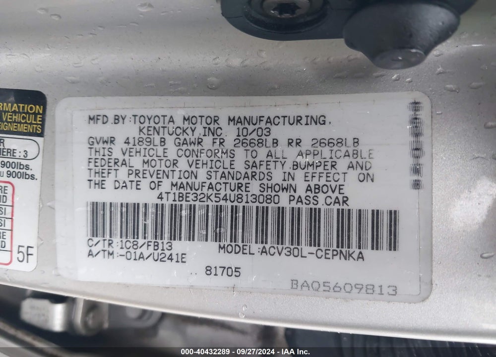 2004 TOYOTA CAMRY LE VIN: 4T1BE32K54U813080