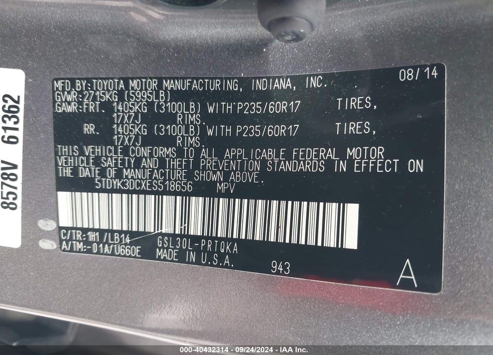 2014 TOYOTA SIENNA XLE V6 8 PASSENGER VIN: 5TDYK3DCXES518656