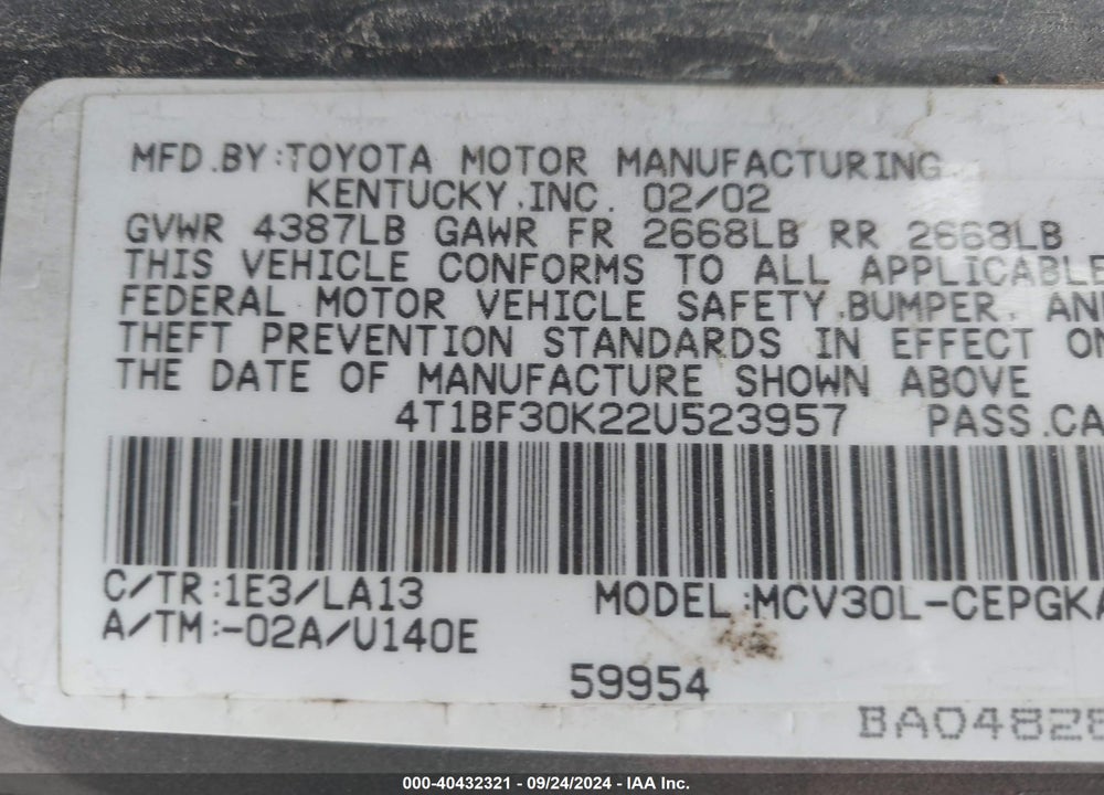 2002 TOYOTA CAMRY XLE V6 VIN: 4T1BF30K22U523957