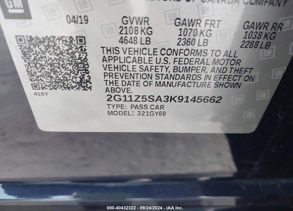 2019 CHEVROLET IMPALA LT VIN: 2G11Z5SA3K9145662