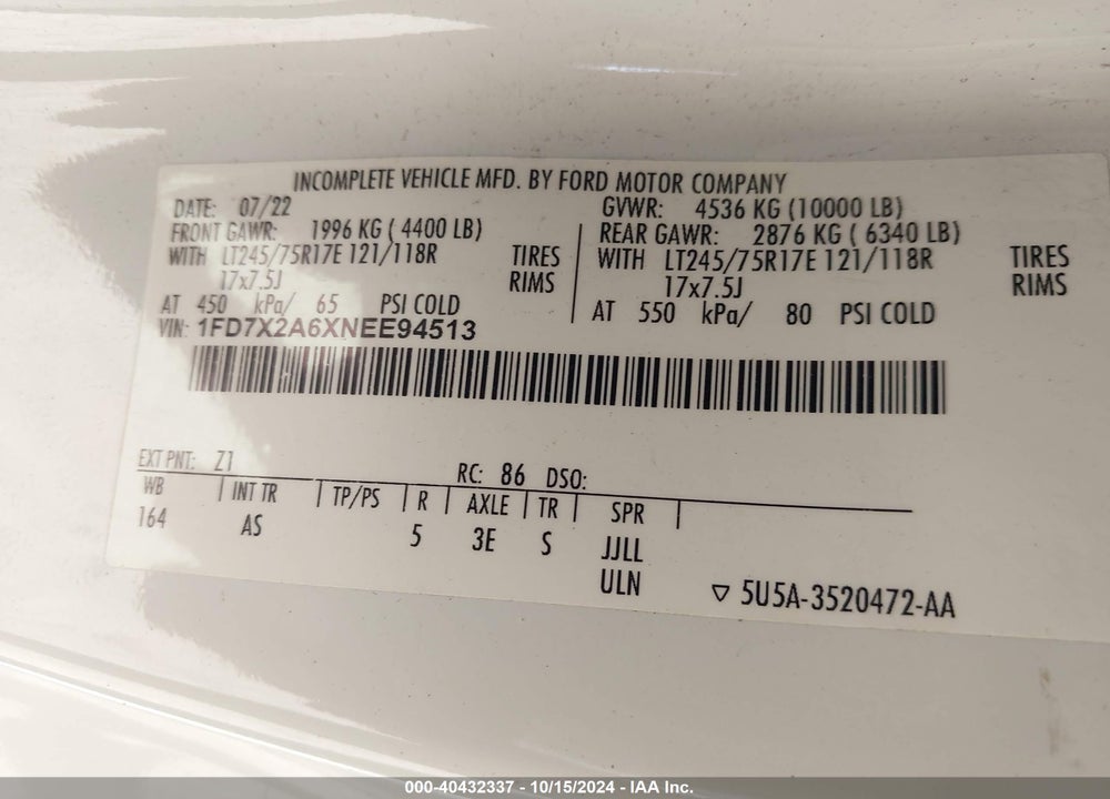 2022 FORD F-250 XL VIN: 1FD7X2A6XNEE94513