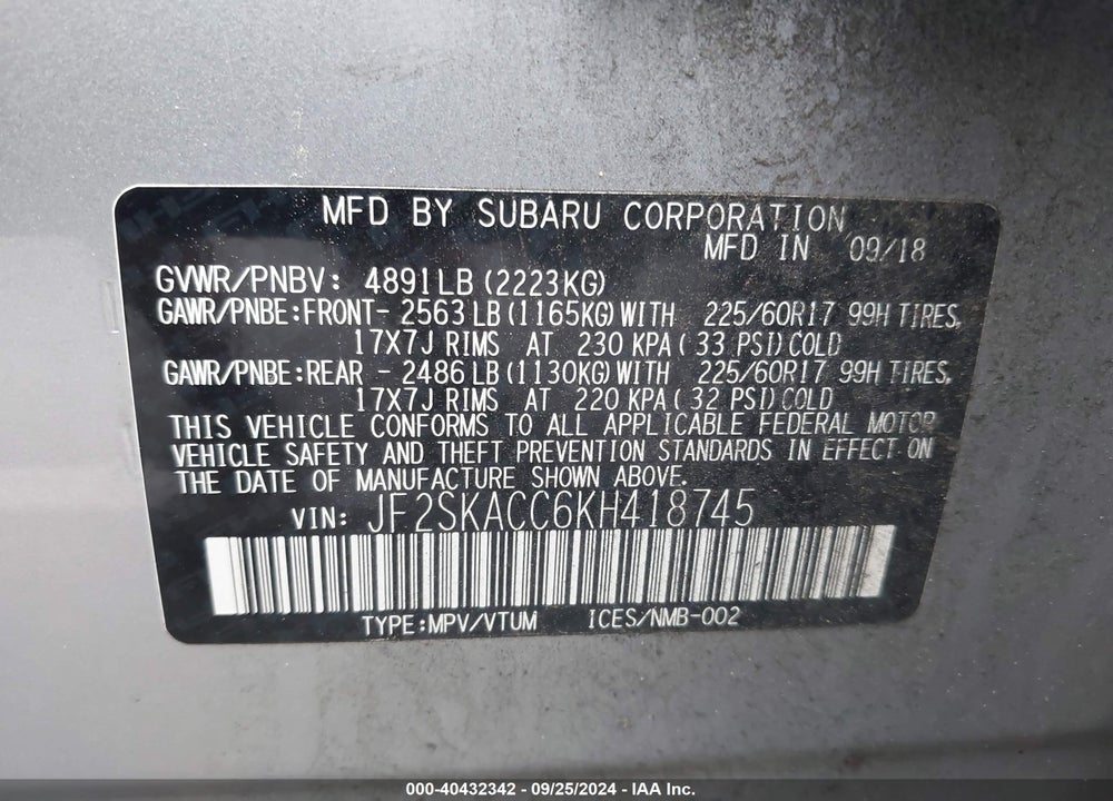 2019 SUBARU FORESTER VIN: JF2SKACC6KH418745