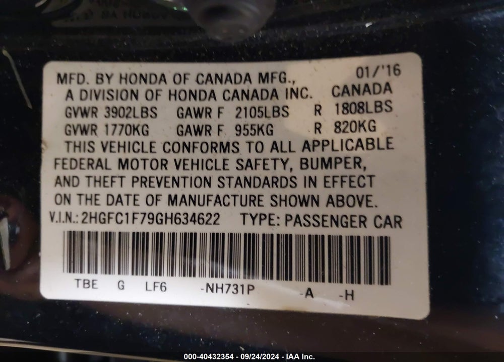 2016 HONDA CIVIC EX-L VIN: 2HGFC1F79GH634622