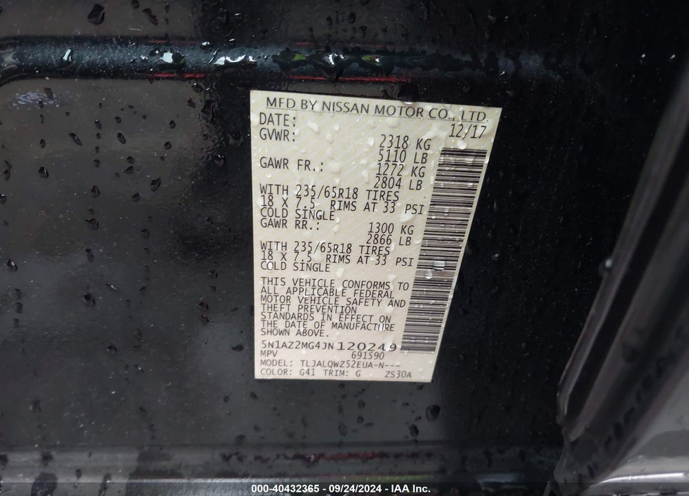 2018 NISSAN MURANO SV VIN: 5N1AZ2MG4JN120249