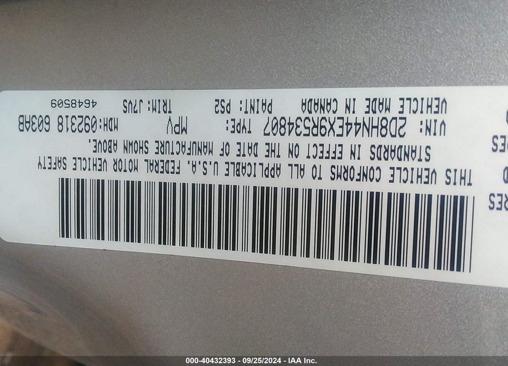 2009 DODGE GRAND CARAVAN SE VIN: 2D8HN44EX9R534807
