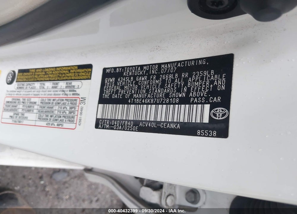 2007 TOYOTA CAMRY LE VIN: 4T1BE46K87U728108