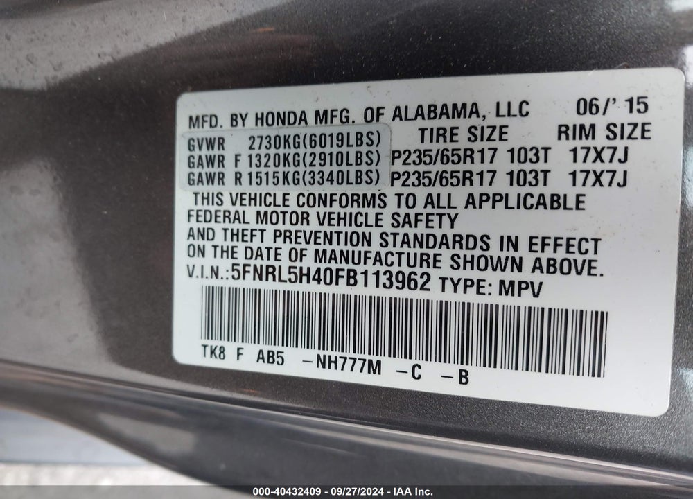 2015 HONDA ODYSSEY EX VIN: 5FNRL5H40FB113962