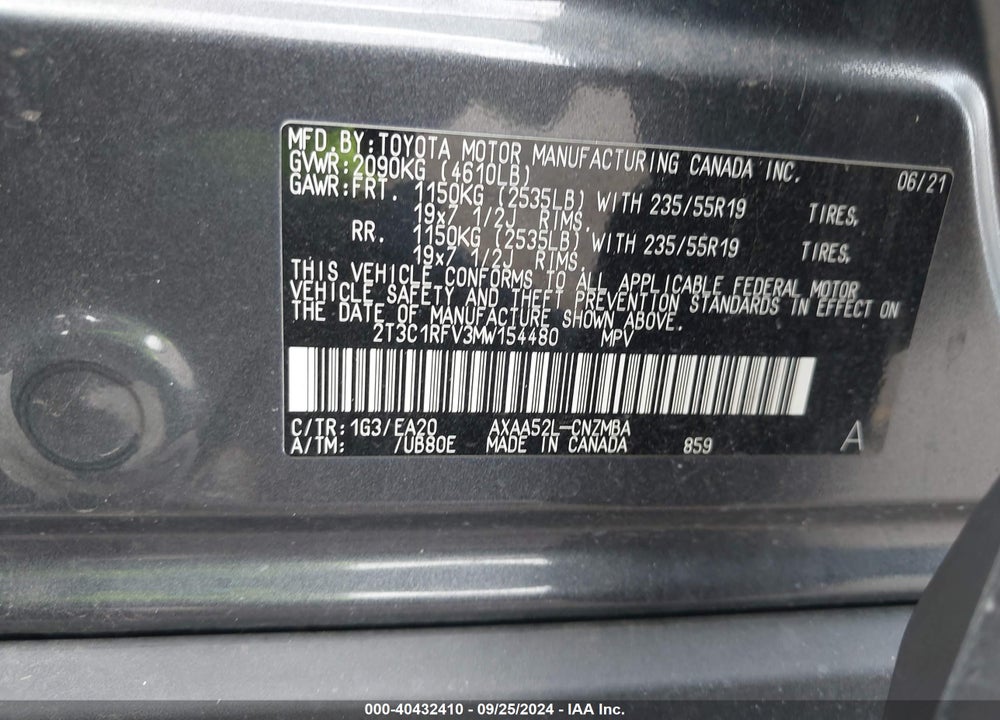 2021 TOYOTA RAV4 XLE PREMIUM VIN: 2T3C1RFV3MW154480