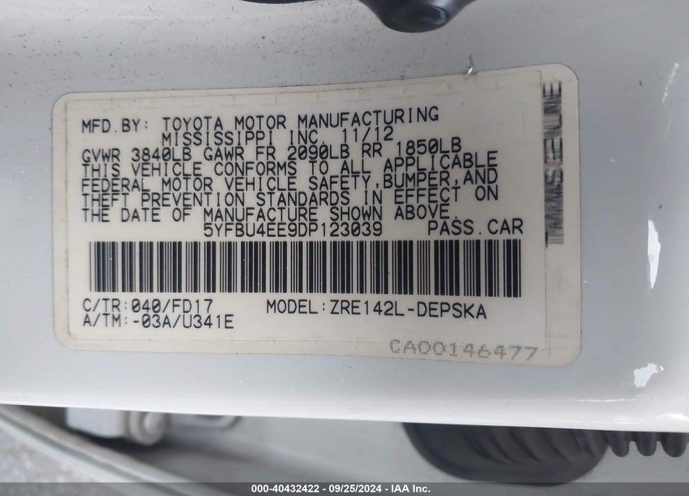 2013 TOYOTA COROLLA S VIN: 5YFBU4EE9DP123039