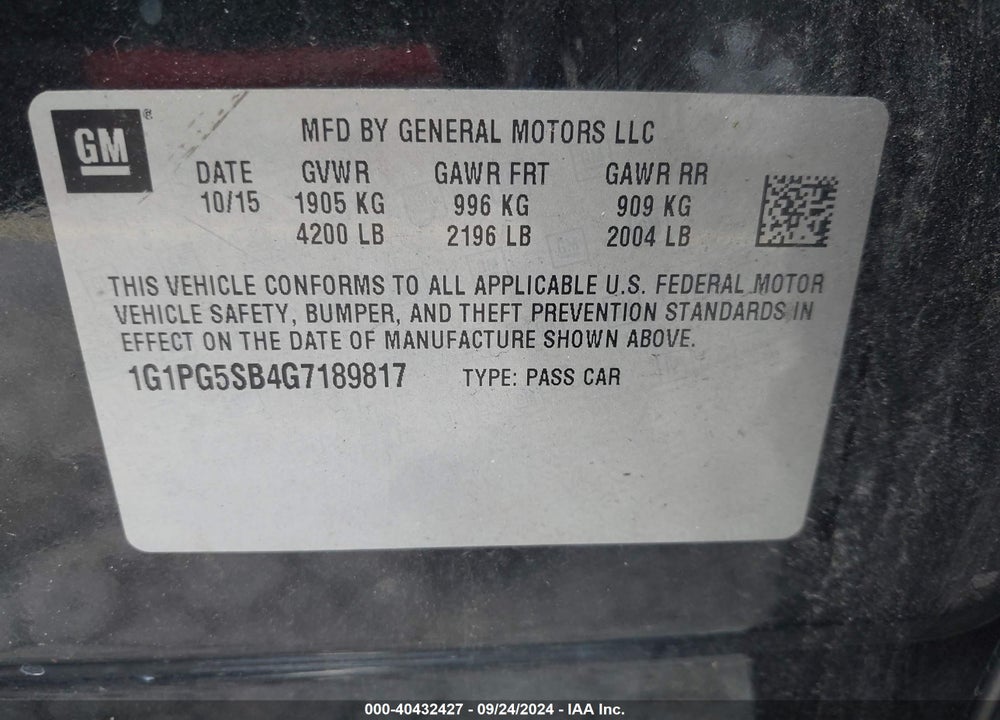 2016 CHEVROLET CRUZE LIMITED LTZ AUTO VIN: 1G1PG5SB4G7189817