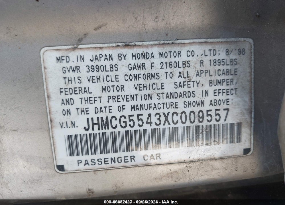 1999 HONDA ACCORD LX VIN: JHMCG5543XC009557