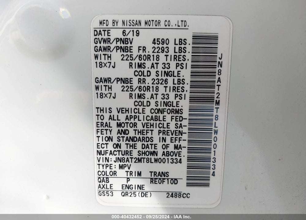 2020 NISSAN ROGUE SV FWD VIN: JN8AT2MT8LW001334