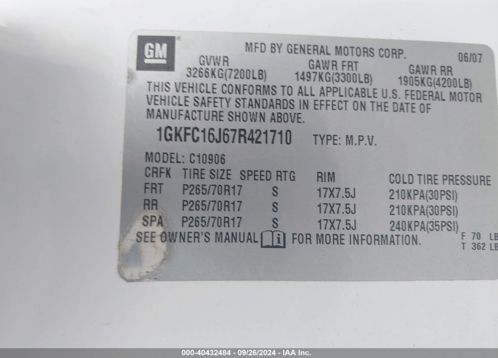 2007 GMC YUKON XL 1500 COMMERCIAL FLEET VIN: 1GKFC16J67R421710