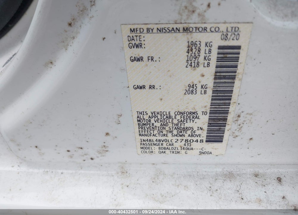 2020 NISSAN ALTIMA S FWD VIN: 1N4BL4BV0LC278048