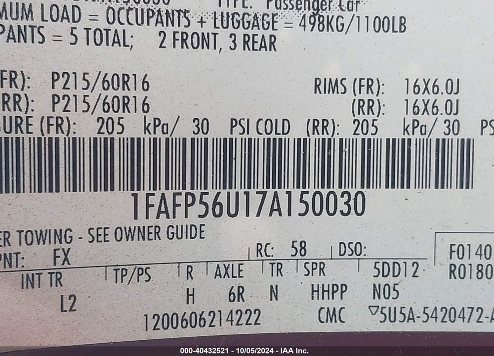 2007 FORD TAURUS SEL VIN: 1FAFP56U17A150030