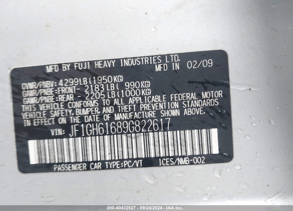2009 SUBARU IMPREZA 2.5I VIN: JF1GH61689G822617